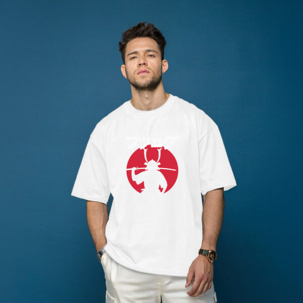 Samurai Warrior Graphic T Shirt - Japanese Katakana Art Tee With Red Sun Design - Image 2